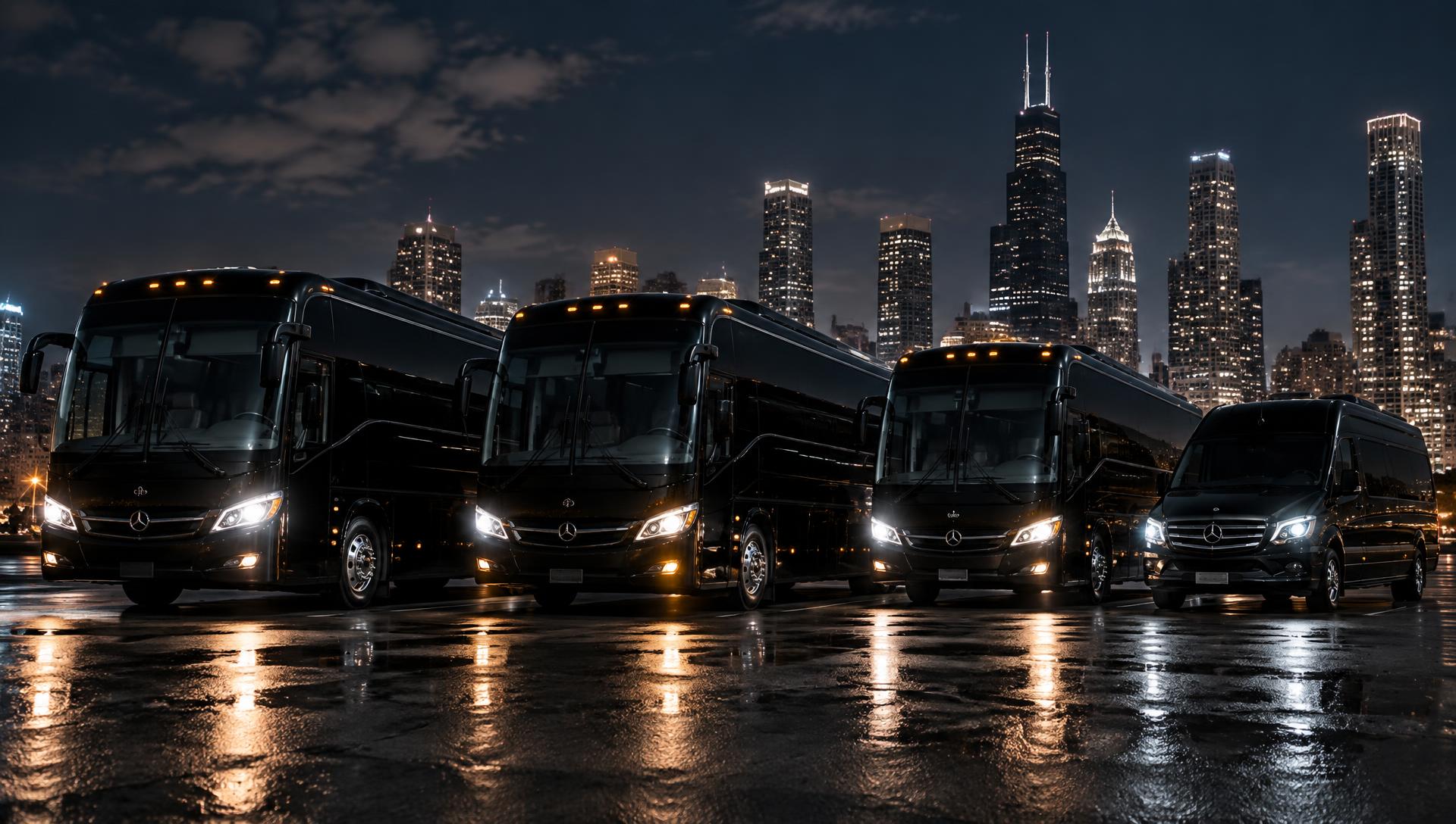 Bobby's Charter Bus motorcoaches and an executive Sprinter staged with a city skyline